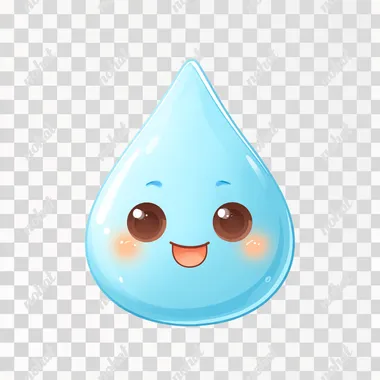 A light-blue teardrop-shaped water droplet, positioned centrally in the image, is depicted as a kawaii character. The droplet has large, round, light-brown eyes, a small, smiling mouth, and small, rounded light-brown cheeks. The character's expression is cheerful and happy. The droplet is against a plain, white background. The colors are bright and cheerful, and the overall style is simple and cartoonish, suitable for children's content. The perspective is a direct front view. The droplet's form is smooth and simple, reflecting the stylized cartoon character design. The image has a soft, friendly, and playful atmosphere.
