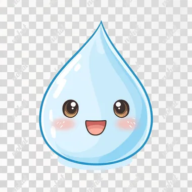 A light-blue teardrop-shaped water droplet, positioned centrally in the image, is depicted as a kawaii character. The droplet has large, round, light-brown eyes, a small, smiling mouth, and small, rounded light-brown cheeks. The character's expression is cheerful and happy. The droplet is against a plain, white background. The colors are bright and cheerful, and the overall style is simple and cartoonish, suitable for children's content. The perspective is a direct front view. The droplet's form is smooth and simple, reflecting the stylized cartoon character design. The image has a soft, friendly, and playful atmosphere.