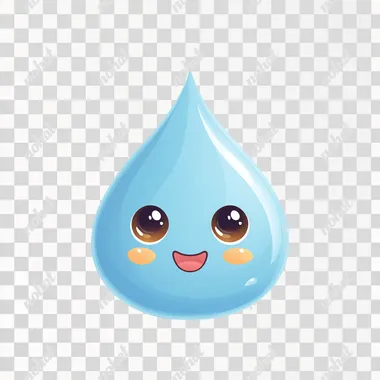A light-blue teardrop-shaped water droplet, positioned centrally in the image, is depicted as a kawaii character. The droplet has large, round, light-brown eyes, a small, smiling mouth, and small, rounded light-brown cheeks. The character's expression is cheerful and happy. The droplet is against a plain, white background. The colors are bright and cheerful, and the overall style is simple and cartoonish, suitable for children's content. The perspective is a direct front view. The droplet's form is smooth and simple, reflecting the stylized cartoon character design. The image has a soft, friendly, and playful atmosphere.