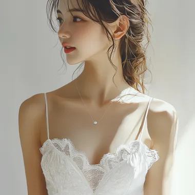 A Japanese woman, women simple brassiere, photorealistic style, indoor setting, simple line her white top, casual fashion, color palette of white and black, no specific brand, bright and even lighting, plain white wall background, studio bright, calm and relaxed mood, simple and uncluttered background, deleted the necklace, bright light to left shoulder, more bright skin