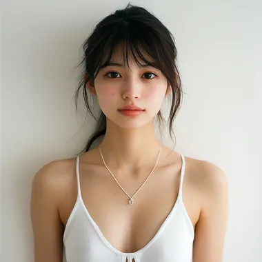 A Japanese woman, women simple brassiere, photorealistic style, indoor setting, simple line her white top, casual fashion, color palette of white and black, no specific brand, bright and even lighting, plain white wall background, studio bright, calm and relaxed mood, simple and uncluttered background, deleted the necklace, bright light to left shoulder, more bright skin