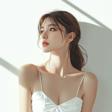 A Japanese woman, women simple brassiere, photorealistic style, indoor setting, simple line her white top, casual fashion, color palette of white and black, no specific brand, bright and even lighting, plain white wall background, studio bright, calm and relaxed mood, simple and uncluttered background, deleted the necklace, bright light to left shoulder, more bright skin