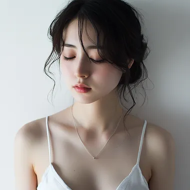 A Japanese woman, women simple brassiere, photorealistic style, indoor setting, simple line her white top, casual fashion, color palette of white and black, no specific brand, bright and even lighting, plain white wall background, studio bright, calm and relaxed mood, simple and uncluttered background, deleted the necklace, bright light to left shoulder, more bright skin