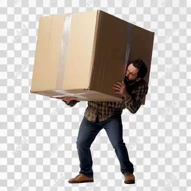 A man is trying to lifting a 100meter huge parcel box. she is sweating and struggling. white floor, white background.