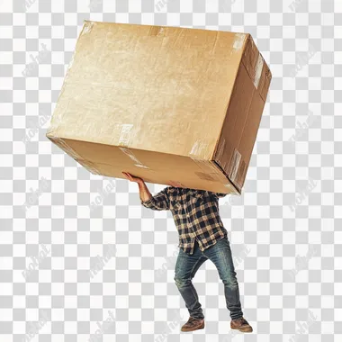 A man is trying to lifting a 100meter huge parcel box. she is sweating and struggling. white floor, white background.