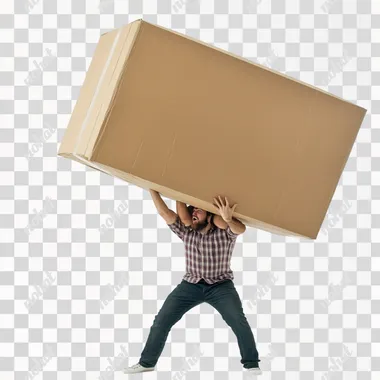 A man is trying to lifting a 100meter huge parcel box. she is sweating and struggling. white floor, white background.