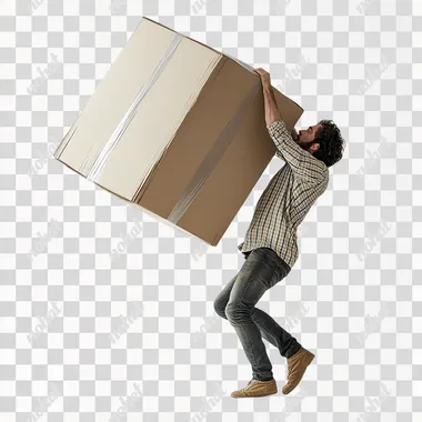 A man is trying to lifting a 100meter huge parcel box. she is sweating and struggling. white floor, white background.