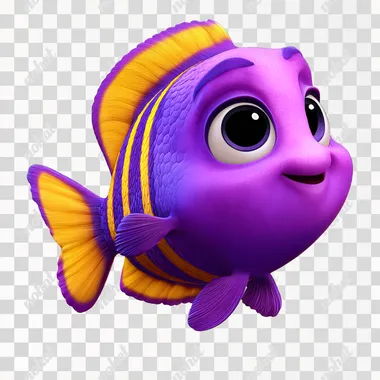 view, Pixar style, a purple fish with yellow stripes, exaggerated cartoon proportions, head size, purple as the main color, simple and cute style, on white background. 3D rendering, Pixar style, high-definition and high-resolution details, centered composition. Simple shape, no shadow, white background