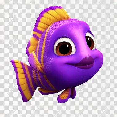 view, Pixar style, a purple fish with yellow stripes, exaggerated cartoon proportions, head size, purple as the main color, simple and cute style, on white background. 3D rendering, Pixar style, high-definition and high-resolution details, centered composition. Simple shape, no shadow, white background