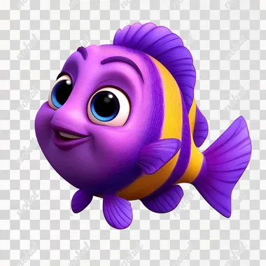 view, Pixar style, a purple fish with yellow stripes, exaggerated cartoon proportions, head size, purple as the main color, simple and cute style, on white background. 3D rendering, Pixar style, high-definition and high-resolution details, centered composition. Simple shape, no shadow, white background
