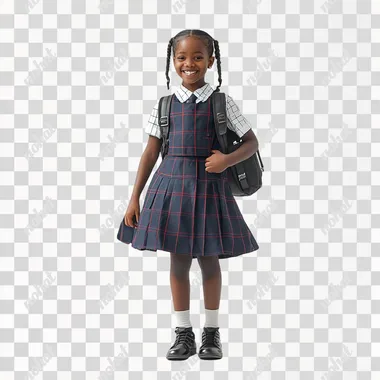 full length shot of a happy modern african primary school female student wearing school uniform and a school bag, white background