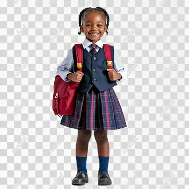 full length shot of a happy modern african primary school female student wearing school uniform and a school bag, white background