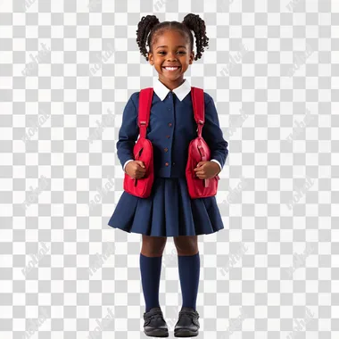 full length shot of a happy modern african primary school female student wearing school uniform and a school bag, white background