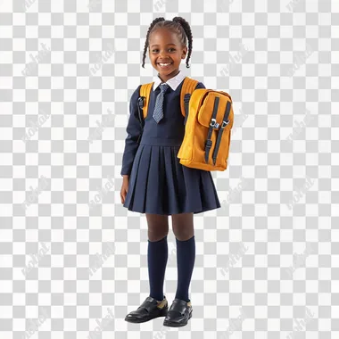 full length shot of a happy modern african primary school female student wearing school uniform and a school bag, white background