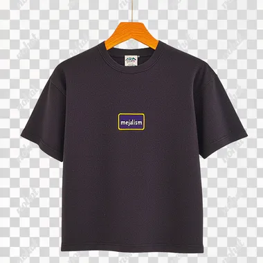 Vintage dark t-shirt with yellow embroidered text "mejalism" on the front, white background, high-resolution, no blur, gothic font, clear texture, flat lay, studio lighting, 35mm lens, f/2.8.  --s 1000   qo2lw7k