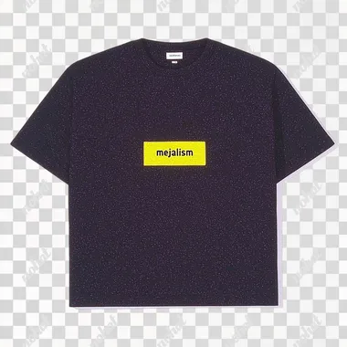Vintage dark t-shirt with yellow embroidered text "mejalism" on the front, white background, high-resolution, no blur, gothic font, clear texture, flat lay, studio lighting, 35mm lens, f/2.8.  --s 1000   qo2lw7k