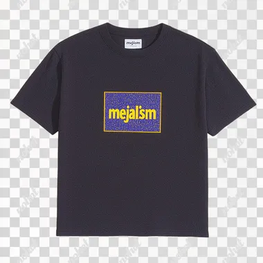 Vintage dark t-shirt with yellow embroidered text "mejalism" on the front, white background, high-resolution, no blur, gothic font, clear texture, flat lay, studio lighting, 35mm lens, f/2.8.  --s 1000   qo2lw7k