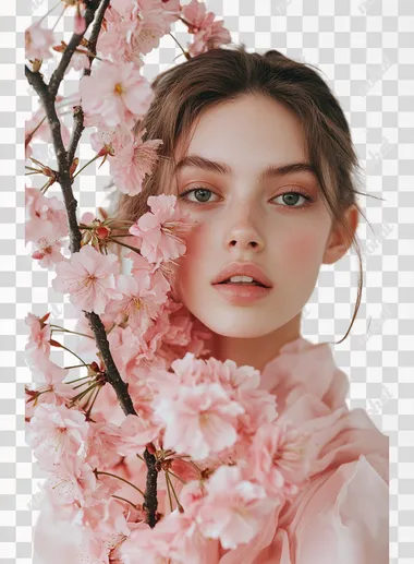 A pink cherry blossom floral spray with long stem and multiple flowers, white background, photorealistic photography, high quality