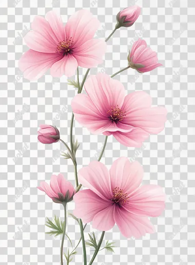 A pink cherry blossom floral spray with long stem and multiple flowers, white background, photorealistic photography, high quality