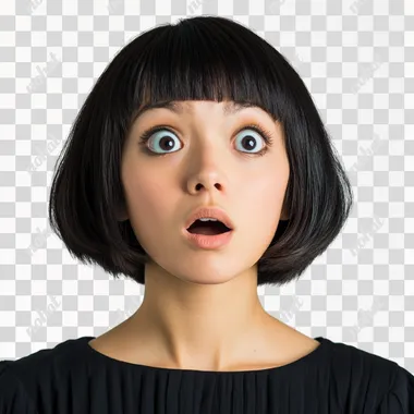 a beautiful brunette woman of thirty-seven, with a few bags under her eyes and Japanese-style bob hair. she is surprised and looks up. he has a round nose, large, round eyes, a round chin. Real photo, png photo