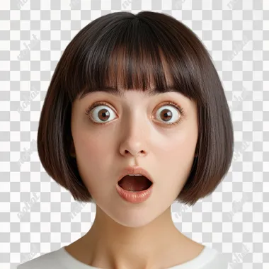 a beautiful brunette woman of thirty-seven, with a few bags under her eyes and Japanese-style bob hair. she is surprised and looks up. he has a round nose, large, round eyes, a round chin. Real photo, png photo