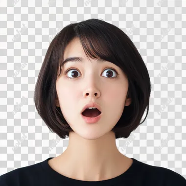 a beautiful brunette woman of thirty-seven, with a few bags under her eyes and Japanese-style bob hair. she is surprised and looks up. he has a round nose, large, round eyes, a round chin. Real photo, png photo