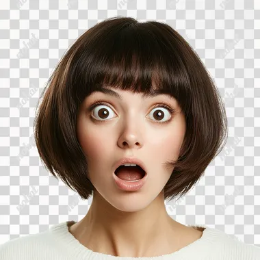 a beautiful brunette woman of thirty-seven, with a few bags under her eyes and Japanese-style bob hair. she is surprised and looks up. he has a round nose, large, round eyes, a round chin. Real photo, png photo