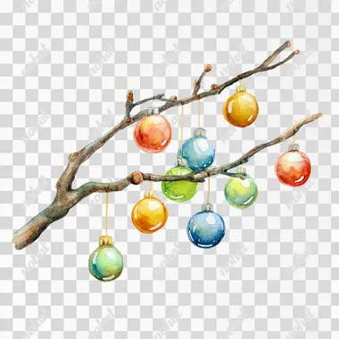 watercolor christmas dry branch with hanging balls, full front view, nursery watercolor style, on white background, --raw