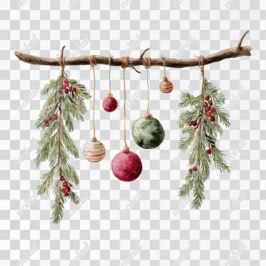 watercolor christmas dry branch with hanging balls, full front view, nursery watercolor style, on white background, --raw