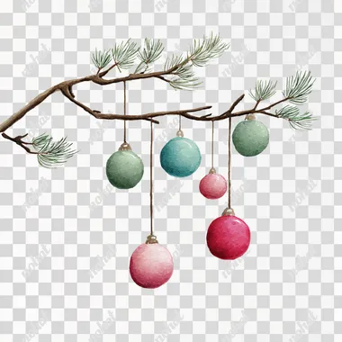 watercolor christmas dry branch with hanging balls, full front view, nursery watercolor style, on white background, --raw