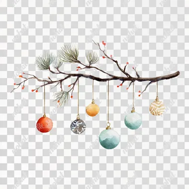 watercolor christmas dry branch with hanging balls, full front view, nursery watercolor style, on white background, --raw