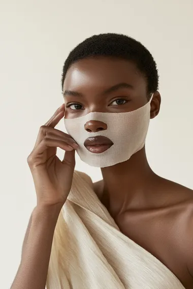 Create a high-resolution, full-body image of a white model standing and applying a fabric sheet mask to her face. The mask covers her entire face except for the eyes and lips, with no visible product or serum on the mask, showcasing a clean, smooth texture. The model faces the camera directly with a calm and relaxed expression. The studio lighting emphasizes the natural contours of her face, the fabric mask's texture, and the subtle details of her glowing skin