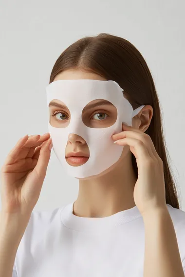 Create a high-resolution, full-body image of a white model standing and applying a fabric sheet mask to her face. The mask covers her entire face except for the eyes and lips, with no visible product or serum on the mask, showcasing a clean, smooth texture. The model faces the camera directly with a calm and relaxed expression. The studio lighting emphasizes the natural contours of her face, the fabric mask's texture, and the subtle details of her glowing skin