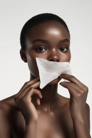 Create a high-resolution, full-body image of a white model standing and applying a fabric sheet mask to her face. The mask covers her entire face except for the eyes and lips, with no visible product or serum on the mask, showcasing a clean, smooth texture. The model faces the camera directly with a calm and relaxed expression. The studio lighting emphasizes the natural contours of her face, the fabric mask's texture, and the subtle details of her glowing skin