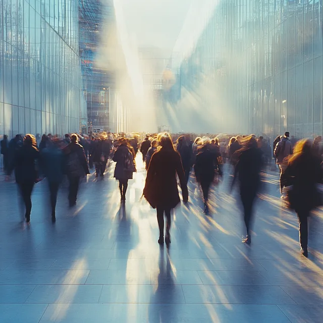 Blurred People at International Fair Walking in Urban Environment