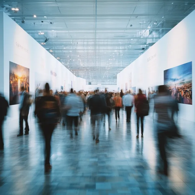 People Walking in Museum at International Fair, Wide Angle View