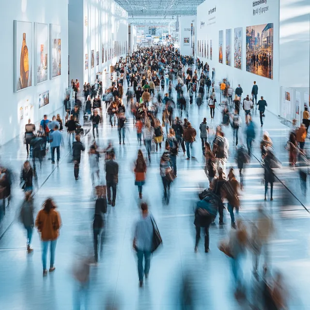 Blurred Crowd Moving Through International Fair in White Building