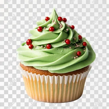 a green Christmas-related cupcake is very festive, white background