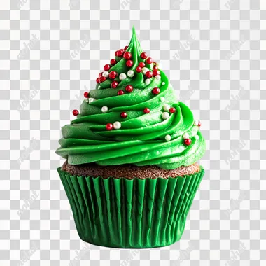 a green Christmas-related cupcake is very festive, white background