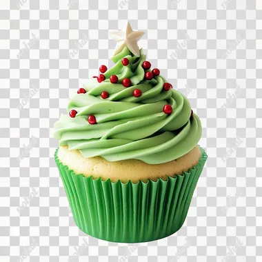 a green Christmas-related cupcake is very festive, white background