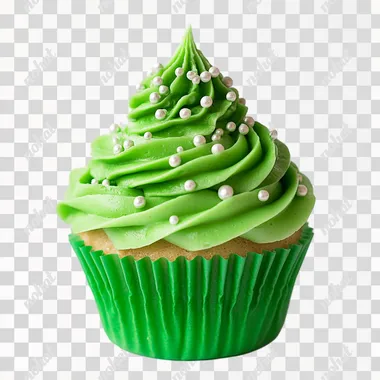 a green Christmas-related cupcake is very festive, white background