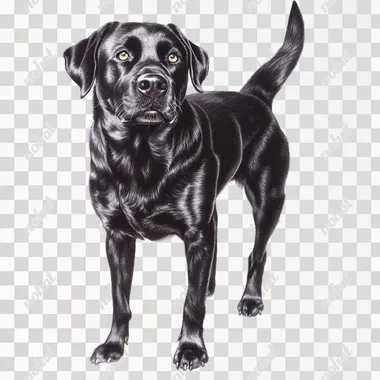 a detailed coloured pencil drawing of an adult black labrador dog, hand drawn, sketch, pencil marks, realistic pencil drawing on a white background