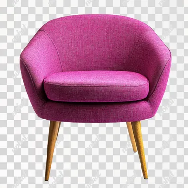 modern mid century dark pink chair with wooden legs on a white background, balanced photo from the front, artistic , light colors, blues, teals, pinks, purples, bright colors | CAMERA MODEL: DSLR | CAMERA LENS: 50mm f/1.4