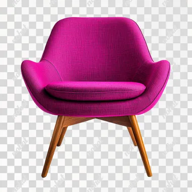 modern mid century dark pink chair with wooden legs on a white background, balanced photo from the front, artistic , light colors, blues, teals, pinks, purples, bright colors | CAMERA MODEL: DSLR | CAMERA LENS: 50mm f/1.4