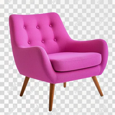modern mid century dark pink chair with wooden legs on a white background, balanced photo from the front, artistic , light colors, blues, teals, pinks, purples, bright colors | CAMERA MODEL: DSLR | CAMERA LENS: 50mm f/1.4
