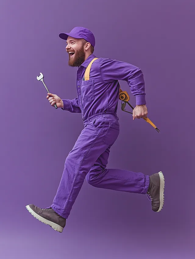 Happy man in purple jumpsuit running with wrench in urban setting