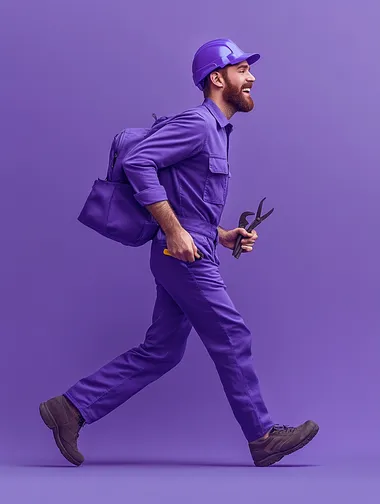 full body shot, side view of a happy man running with a tools in his hands wearing purple clothes, purple color background