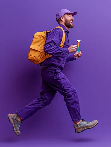 full body shot, side view of a happy man running with a tools in his hands wearing purple clothes, purple color background