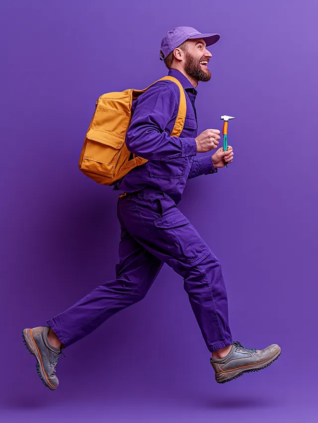 Happy man running in purple clothes with toothbrush outdoors, side view