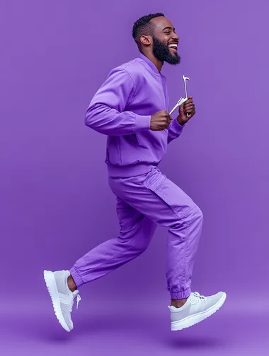 full body shot, side view of a happy man running with a tools in his hands wearing purple clothes, purple color background